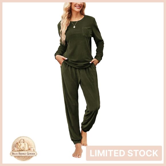 Velvet Lounge Set Long Sleeve Soft Sleepwear Pajamas with Pockets Cozy